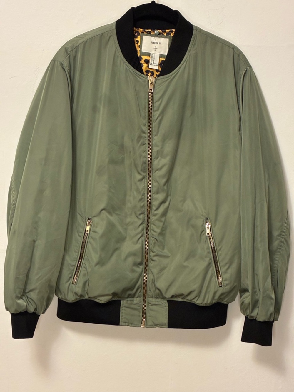 Forever 21 Olive Green Bomber Jacket with Black and Gold Leopard Lining